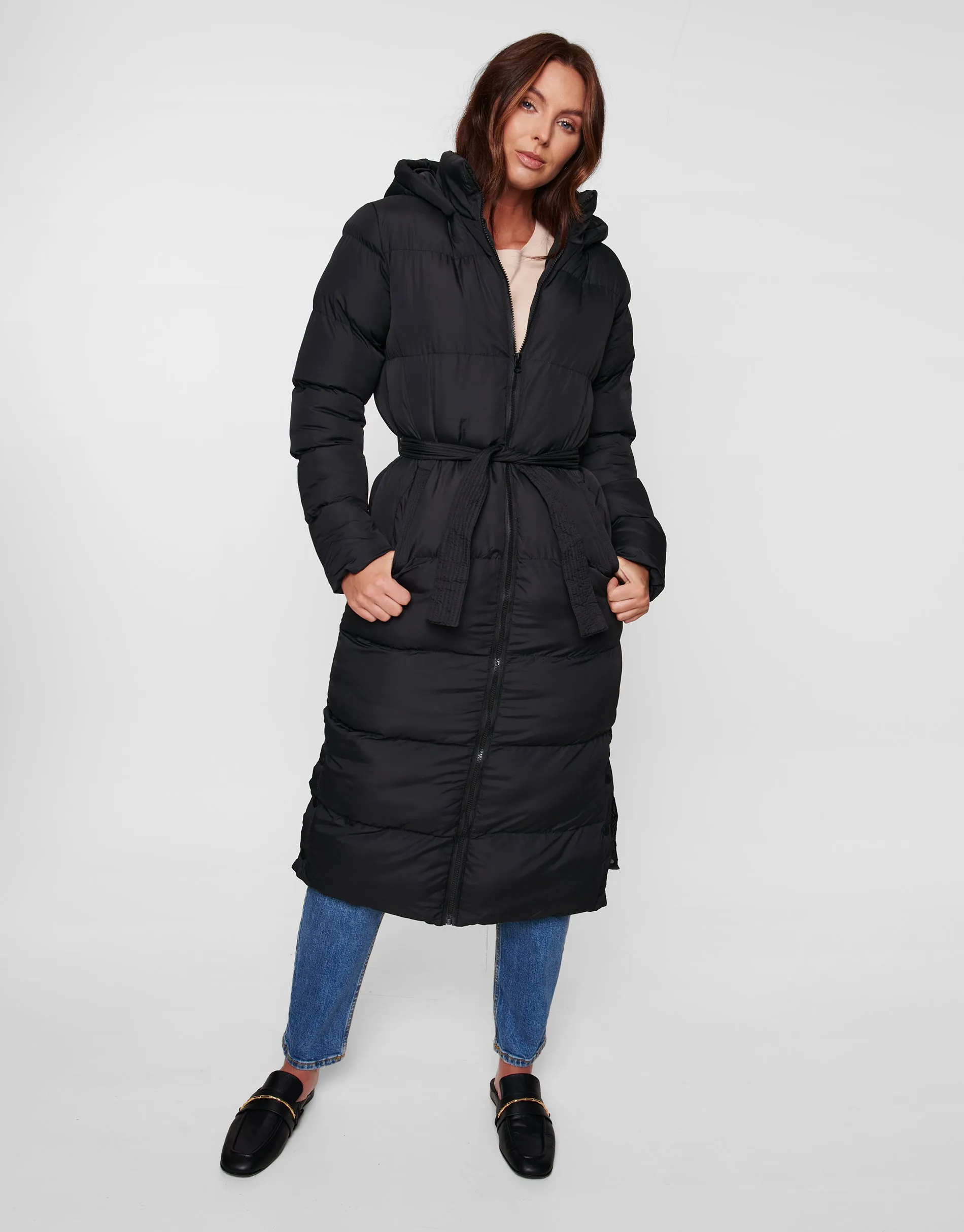 Women's Black Longline Puffer Jacket sold by Threadbare