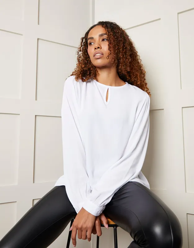 Women's White Keyhole Neck Long Sleeve Blouse sold by Threadbare