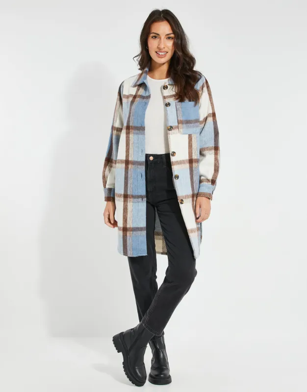 Women's Blue Check Longline Shacket sold by Threadbare