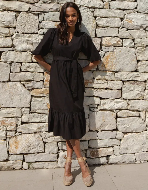 Women's Black Cotton Poplin V Neck Tie Belt Puff Sleeve Tiered Midi Dress sold by Threadbare