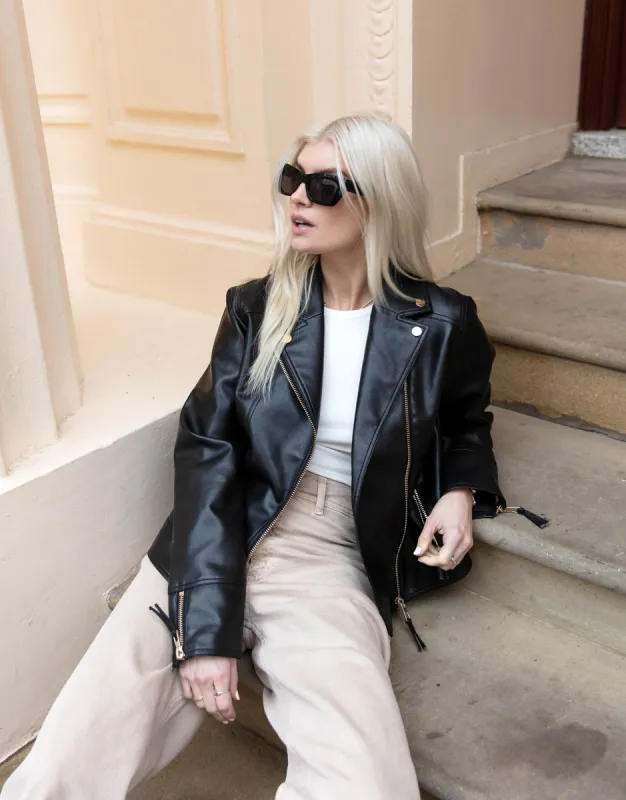 Women's Black Faux Leather Biker Jacket sold by Threadbare