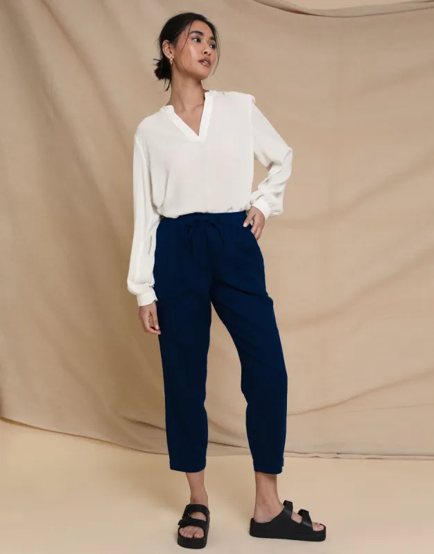 Women's Petite Navy Linen Blend Drawstring Trousers sold by Threadbare