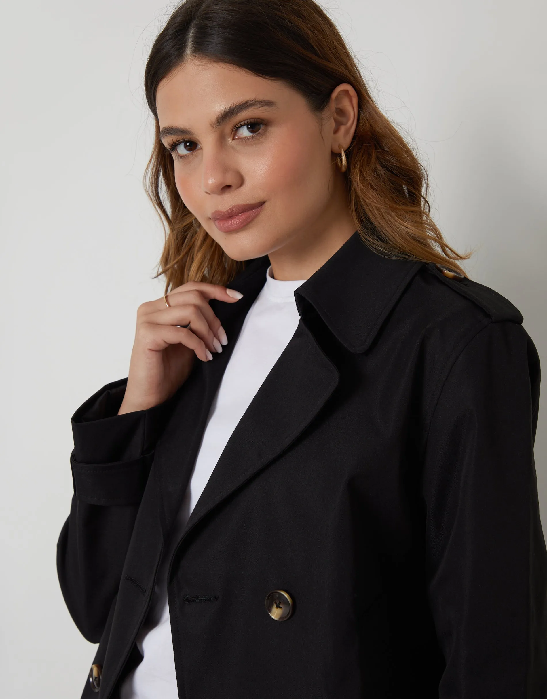 Women's Black Double Breasted Cropped Trench Coat sold by Threadbare product image thumbnail 5