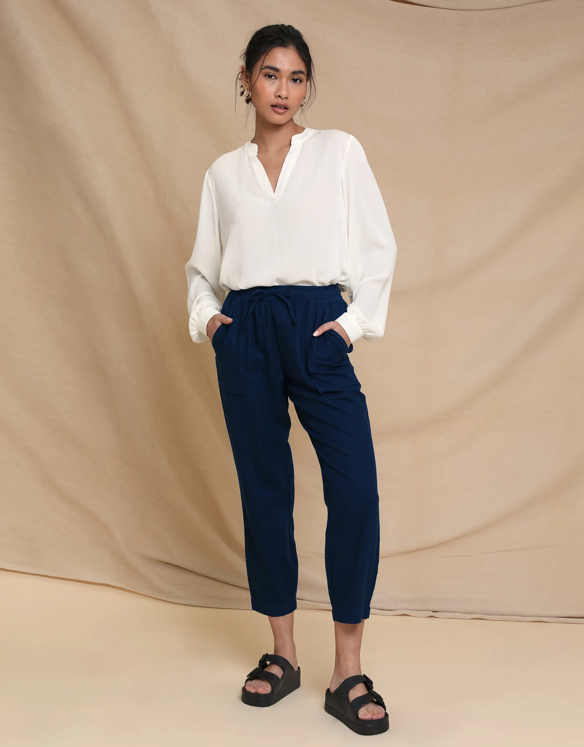 Women's Petite Navy Linen Blend Drawstring Trousers sold by Threadbare product image thumbnail 3