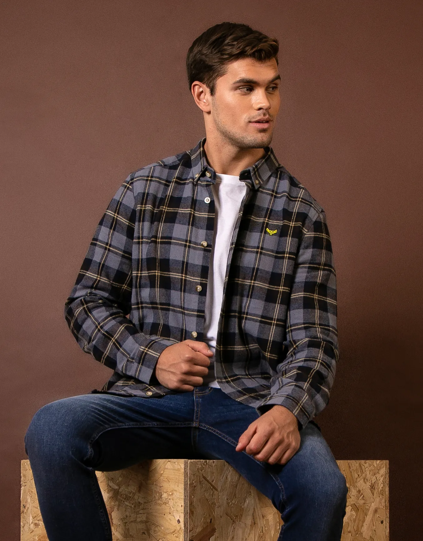 Men's Navy Check Long Sleeve Shirt sold by Threadbare