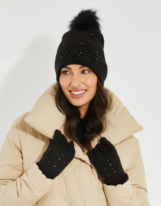 Women's Black Crystal Hat & Gloves (2-Piece Set) sold by Threadbare