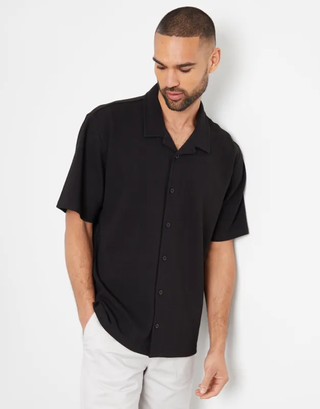 Black Textured Revere Collar Short Sleeve Shirt sold by Threadbare