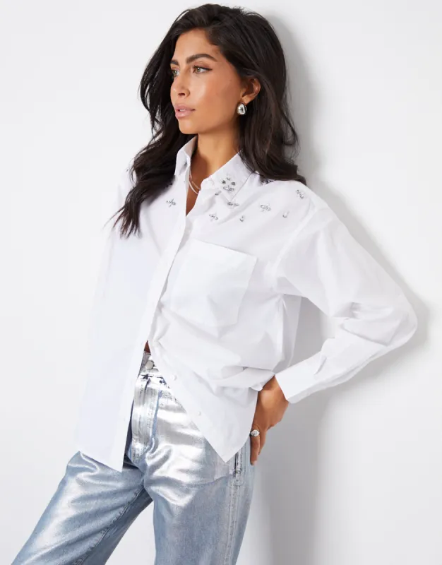 Women's White Diamante Embellished Loose Fit Long Sleeve Shirt sold by Threadbare