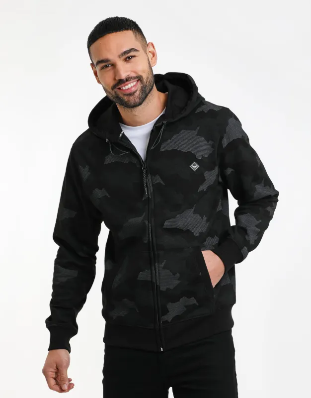 Men's Charcoal Camo Zip-Through Hoodie sold by Threadbare