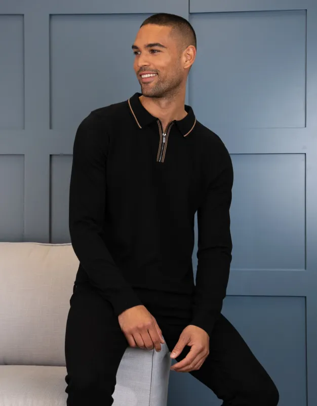 Men's Jet Black Quarter Zip Polo Jumper sold by Threadbare