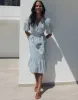 Women's Blue Stripe Cotton Poplin V Neck Tie Belt Puff Sleeve Tiered Midi Dress sold by Threadbare