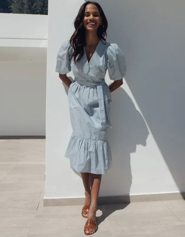 Women's Blue Stripe Cotton Poplin V Neck Tie Belt Puff Sleeve Tiered Midi Dress sold by Threadbare