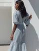 Women's Blue Stripe Cotton Poplin V Neck Tie Belt Puff Sleeve Tiered Midi Dress sold by Threadbare