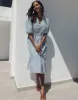 Women's Blue Stripe Cotton Poplin V Neck Tie Belt Puff Sleeve Tiered Midi Dress sold by Threadbare