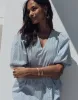 Women's Blue Stripe Cotton Poplin V Neck Tie Belt Puff Sleeve Tiered Midi Dress sold by Threadbare