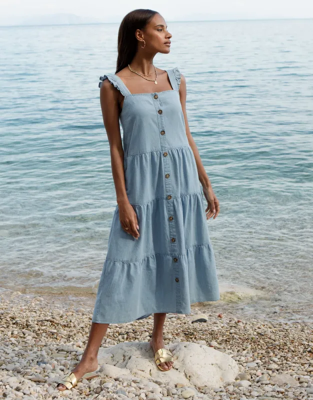 Women's Light Blue Chambray Button Down Tiered Midi Dress with Flutter Strap sold by Threadbare