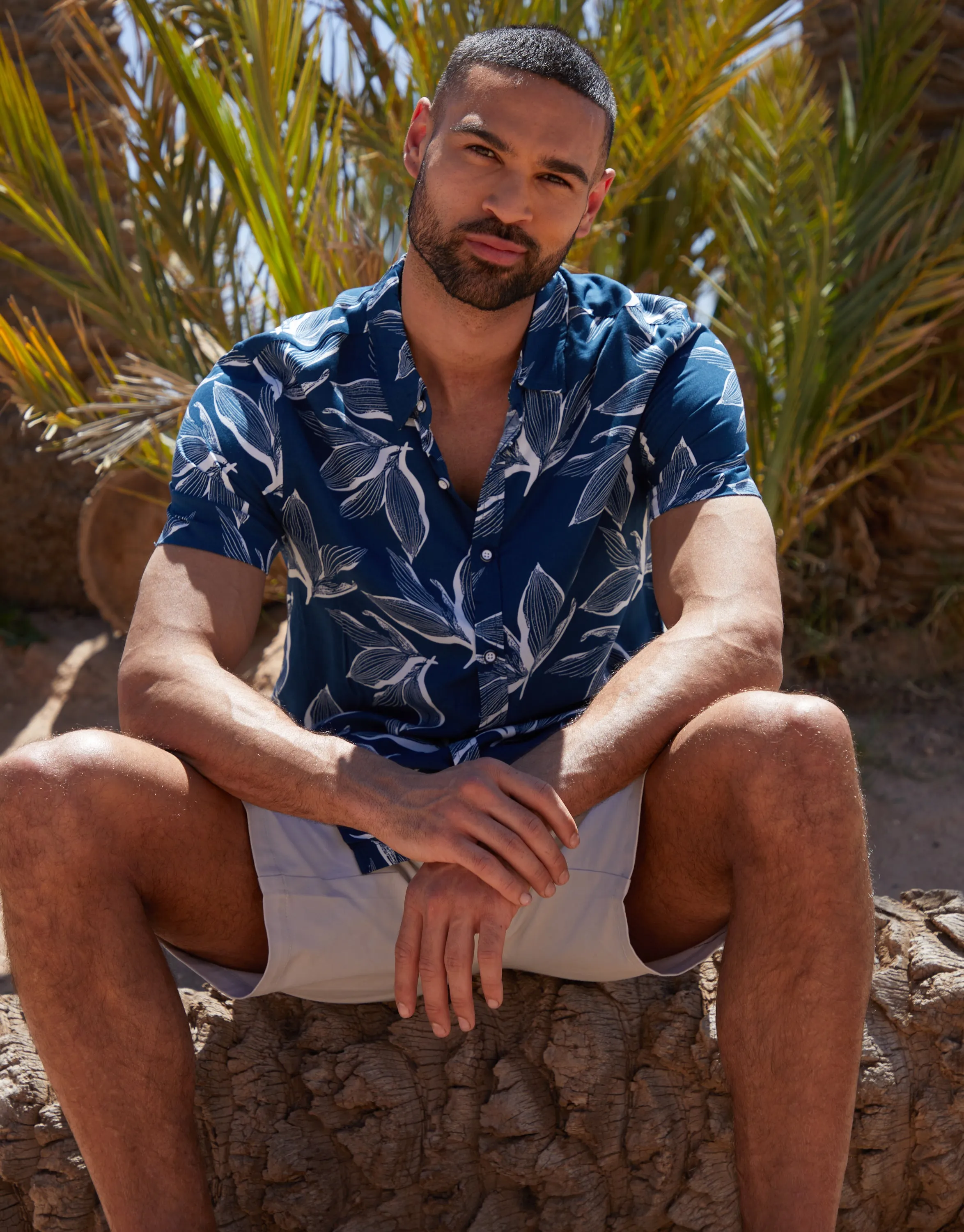 Navy Leaf Print Short Sleeve Shirt sold by Threadbare
