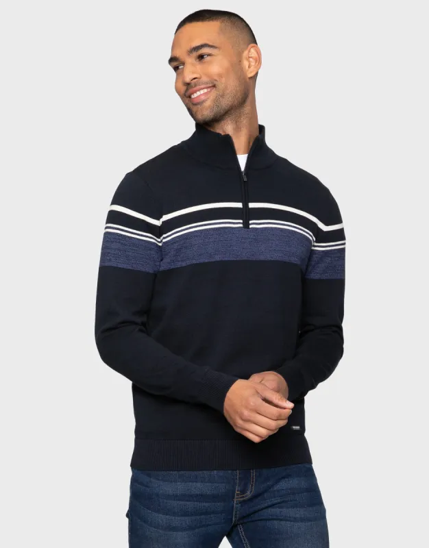 Men's Navy Quarter Zip Colourblock Jumper sold by Threadbare