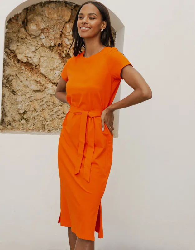 Women's Orange Jersey Tie Belt Short Sleeve Midi Dress sold by Threadbare