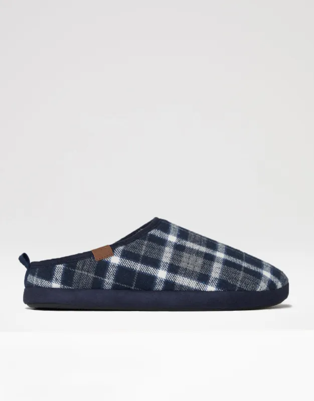 Threadbare Men's Navy Check Mule Slippers with Borg Lining sold by Threadbare