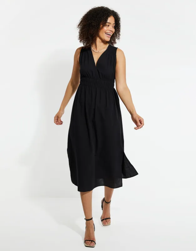 Women's Black Linen Look Ruched Dress sold by Threadbare