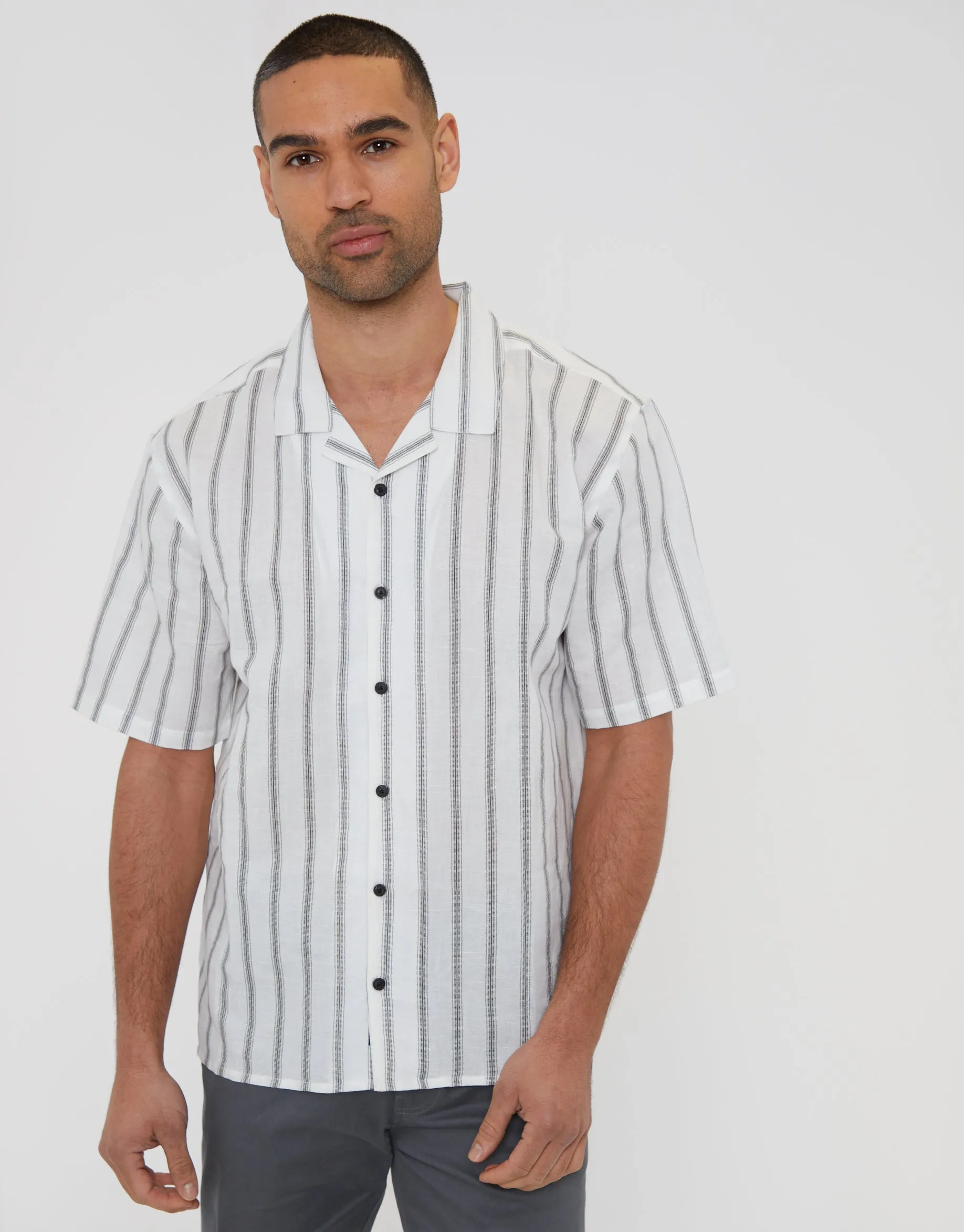 Off White Stripe Linen Revere Collar Short Sleeve Shirt sold by Threadbare