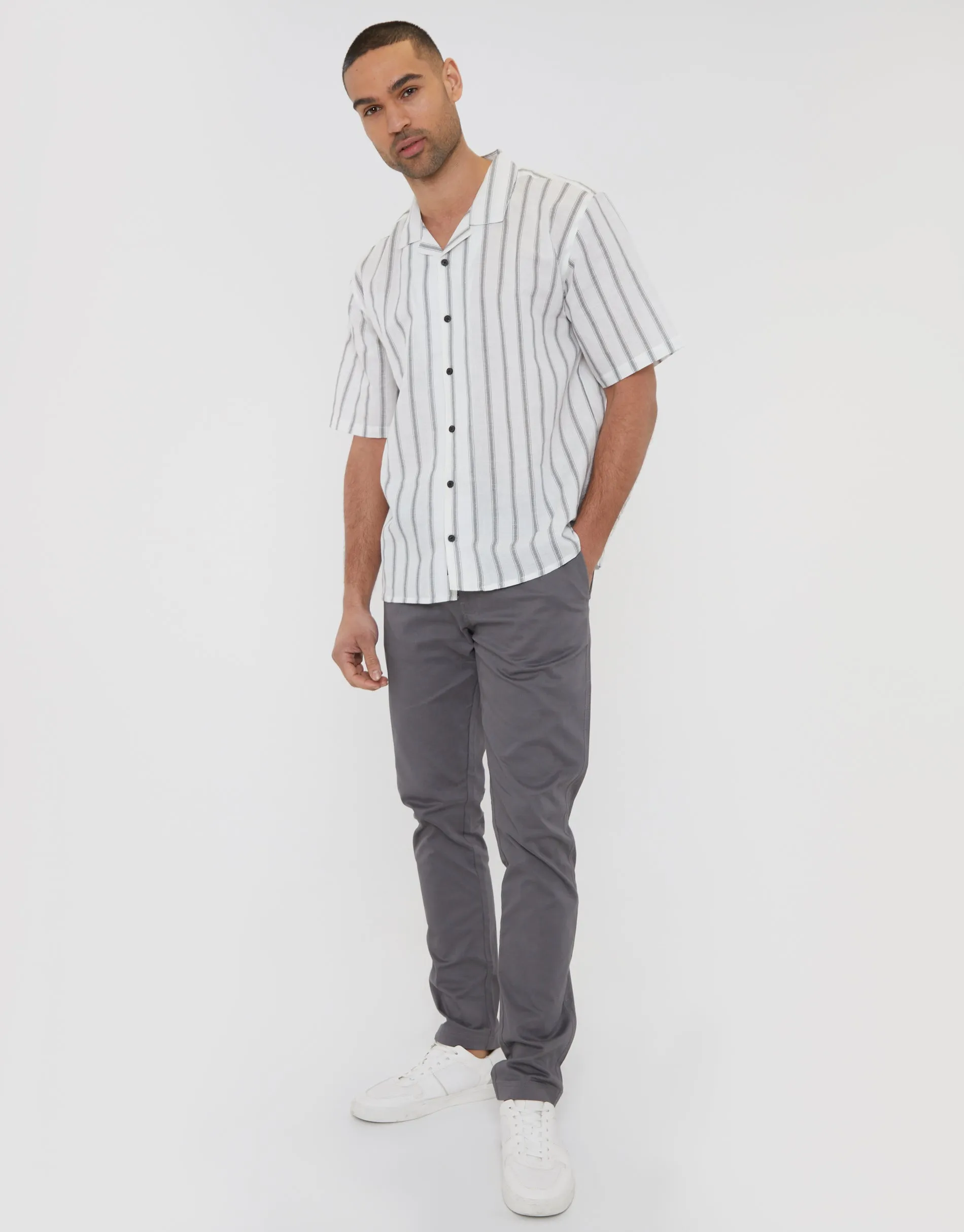 Off White Stripe Linen Revere Collar Short Sleeve Shirt sold by Threadbare product image thumbnail 3