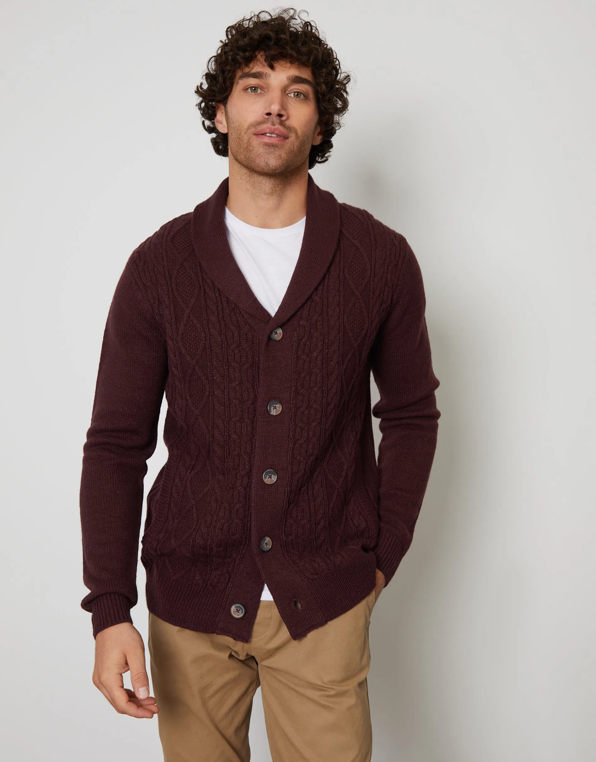 Men's Burgundy Shawl Cardigan sold by Threadbare