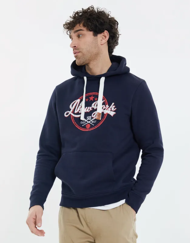 Men's Navy Varsity Hoodie with Kangaroo Pocket sold by Threadbare