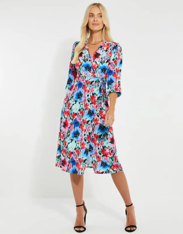 Women's Multi Floral Print Wrap Midi Dress sold by Threadbare
