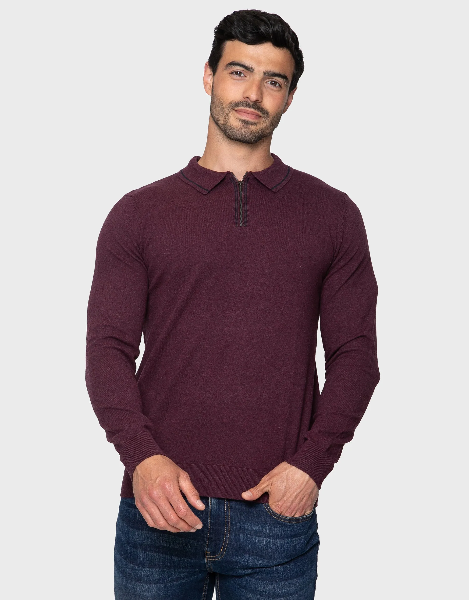 Men's Burgundy Quarter Zip Polo Jumper sold by Threadbare product image thumbnail 2