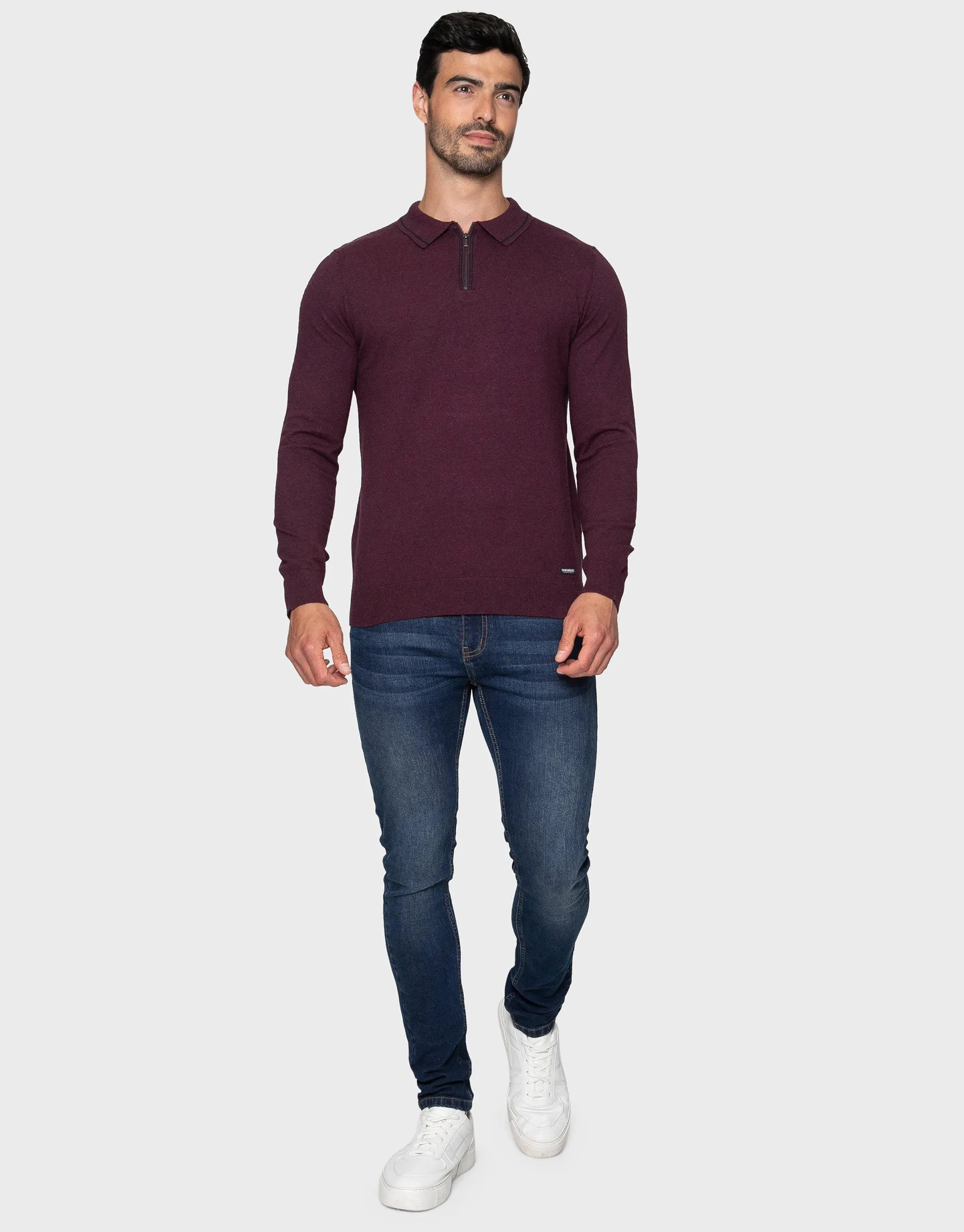 Men's Burgundy Quarter Zip Polo Jumper sold by Threadbare product image thumbnail 4