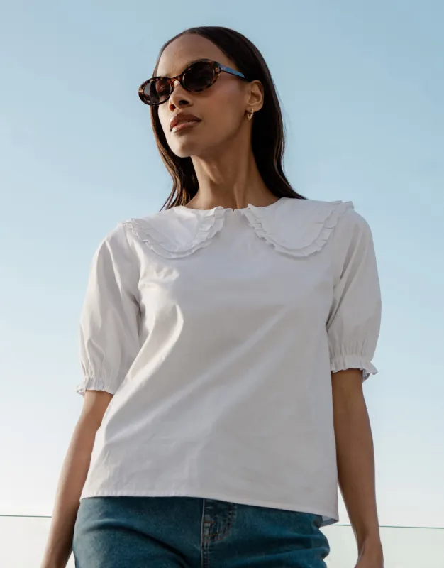 Women's White Oversized Frill Collar Puff Sleeve Blouse made by Threadbare