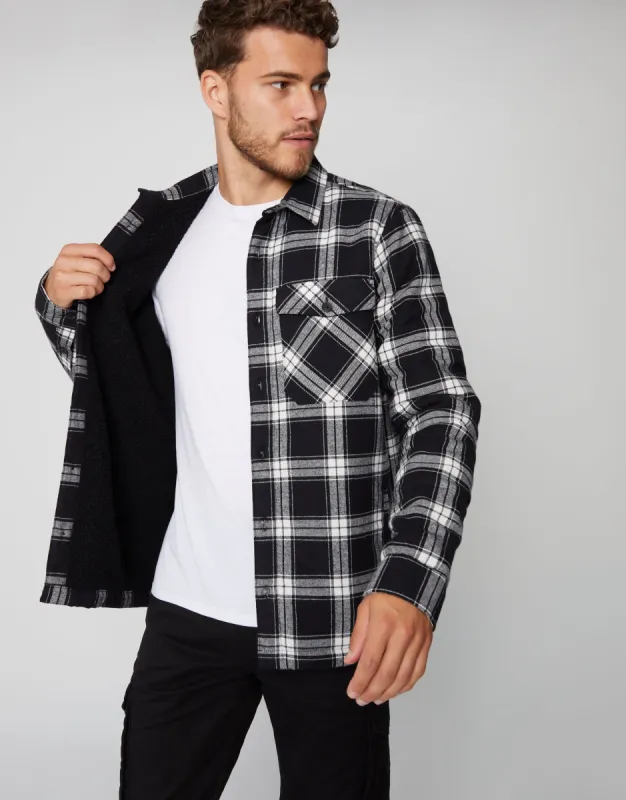 Men's Black Check Borg Lined Long Sleeve Shirt sold by Threadbare