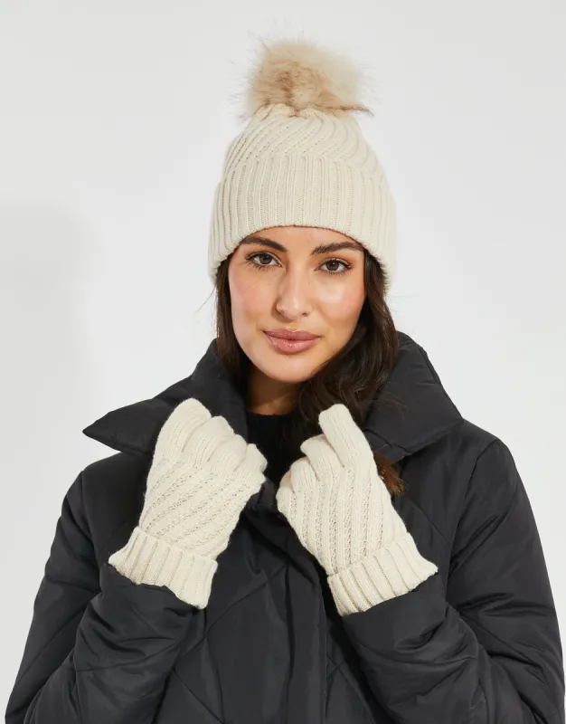 Women's Cream Knitted Hat & Gloves (2-Piece Set) sold by Threadbare