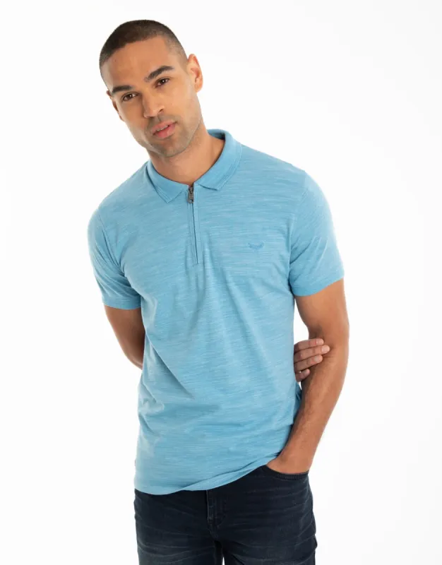 Men's Blue Space Dye Zip Collar Polo Shirt sold by Threadbare