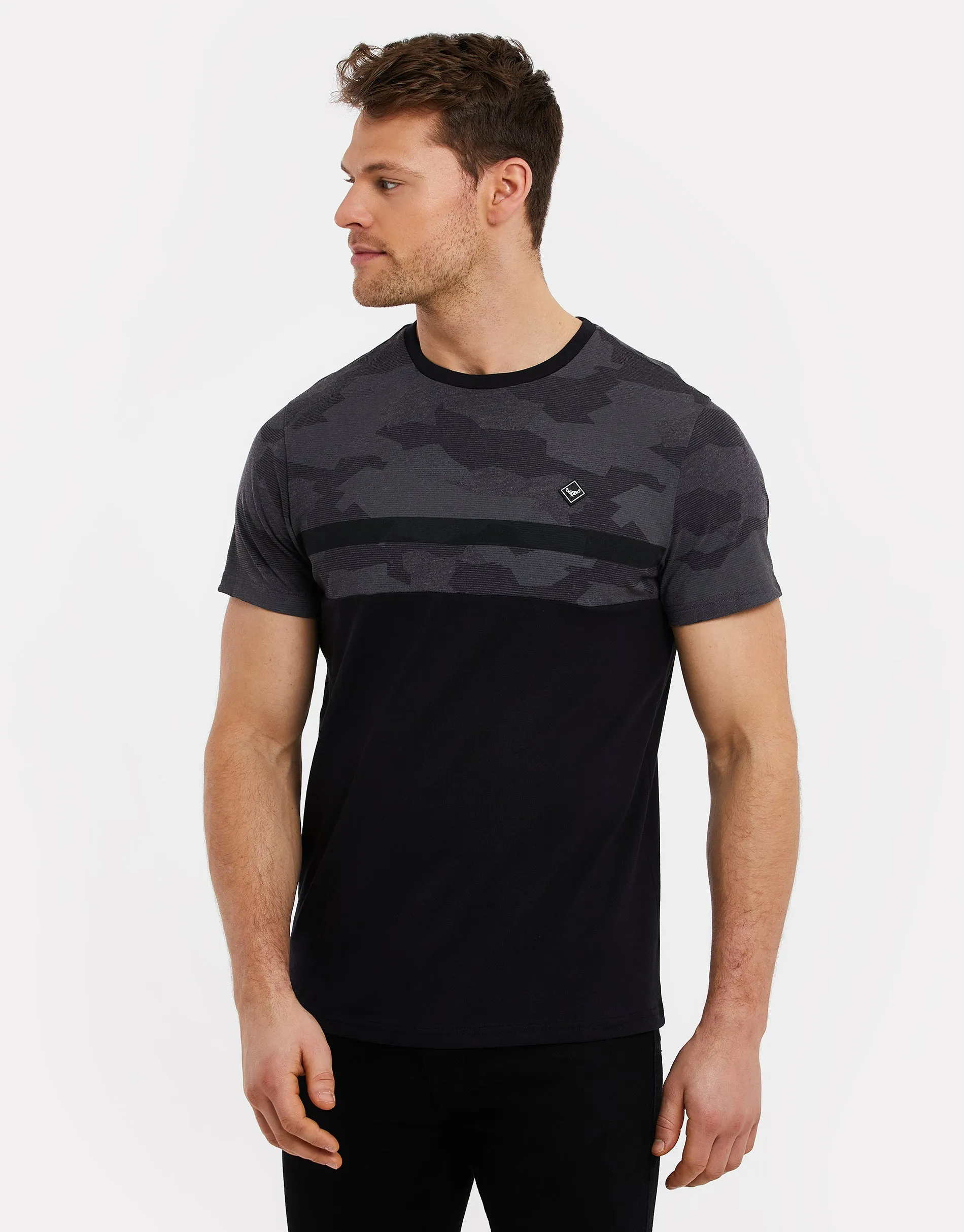 Men's Charcoal Camo Panel T-Shirt sold by Threadbare