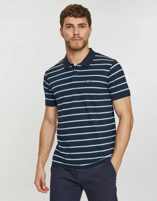 Men's Navy Stripe Rib Collar Polo Shirt sold by Threadbare