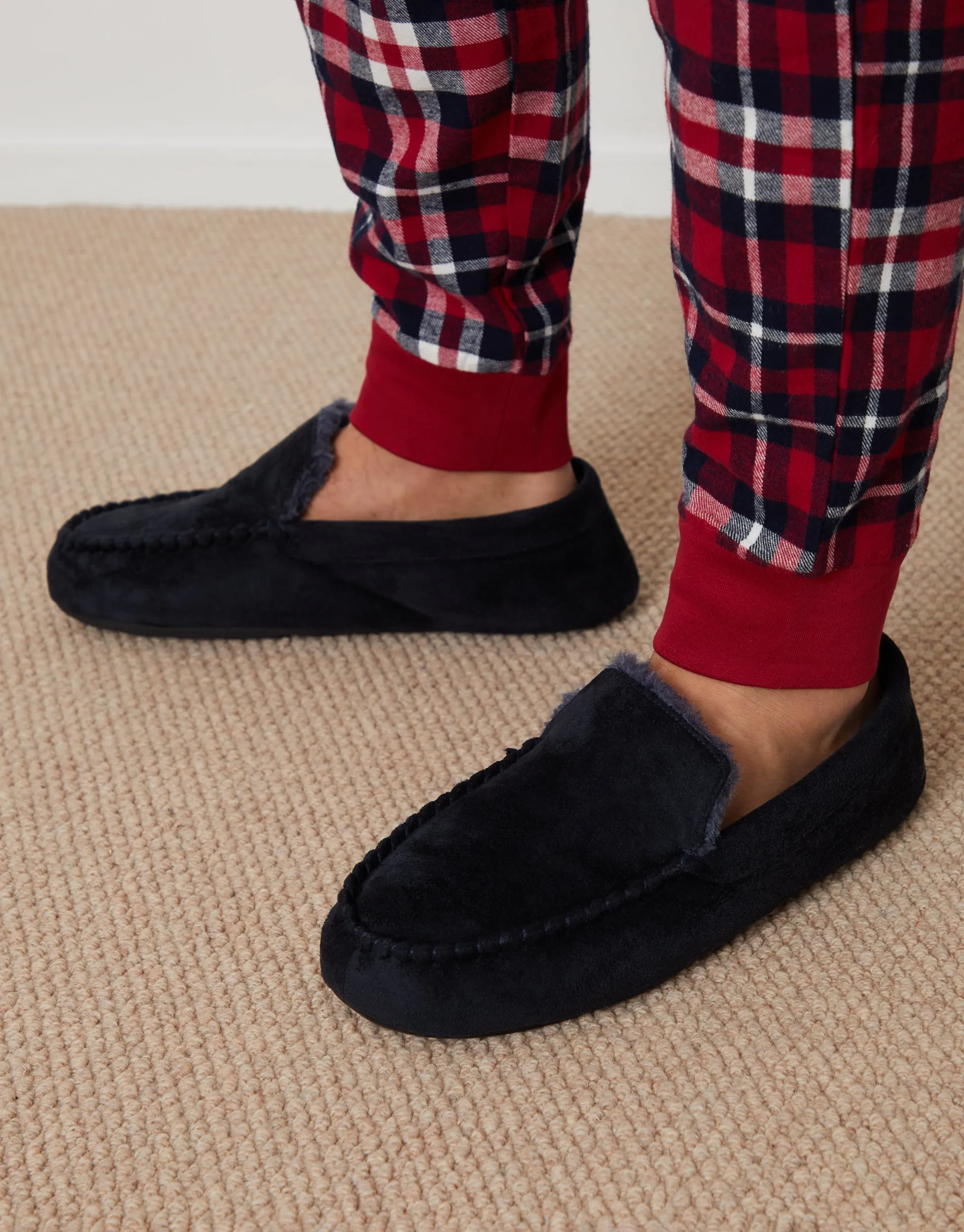 Men's Navy Suedette Moccasin Slippers with Faux Fur Lining sold by Threadbare product image thumbnail 5