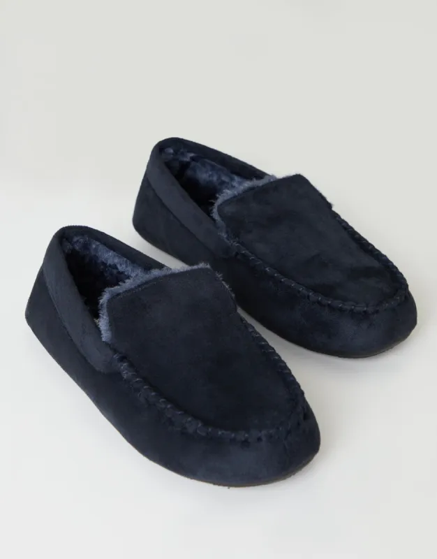Men's Navy Suedette Moccasin Slippers with Faux Fur Lining sold by Threadbare