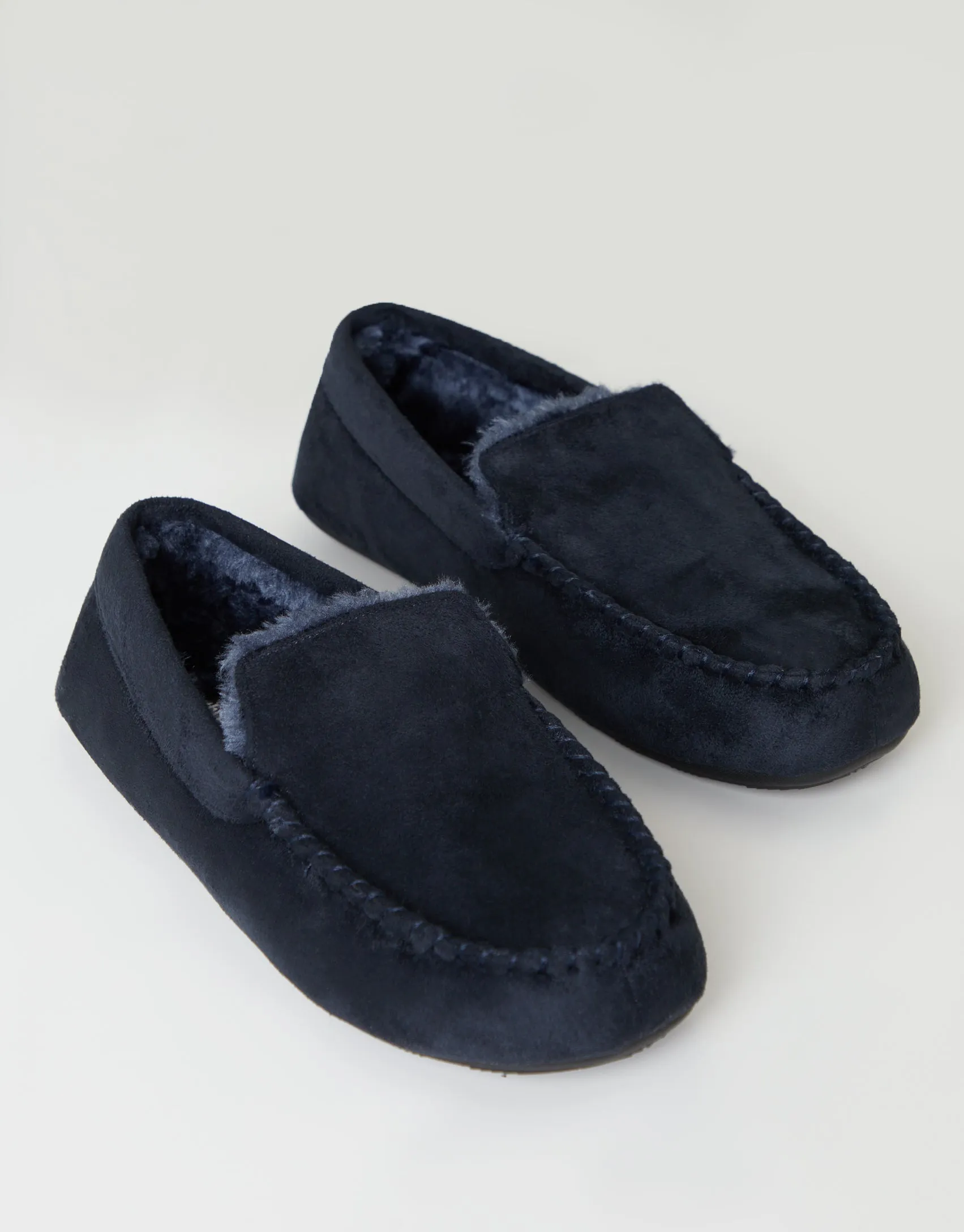Men's Navy Suedette Moccasin Slippers with Faux Fur Lining sold by Threadbare