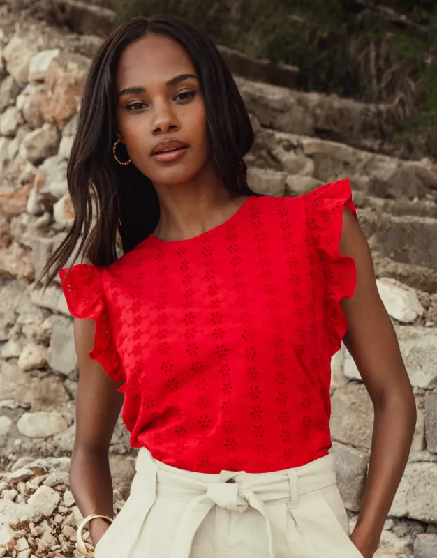 Women's Red Cotton Broderie Anglaise Frill Sleeve Blouse made by Threadbare