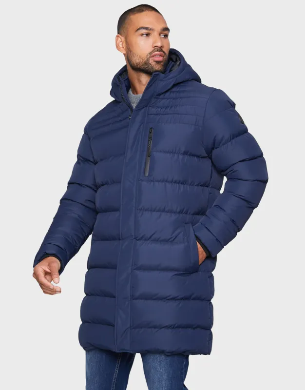 Men's Navy Hooded Longline Puffer Jacket sold by Threadbare