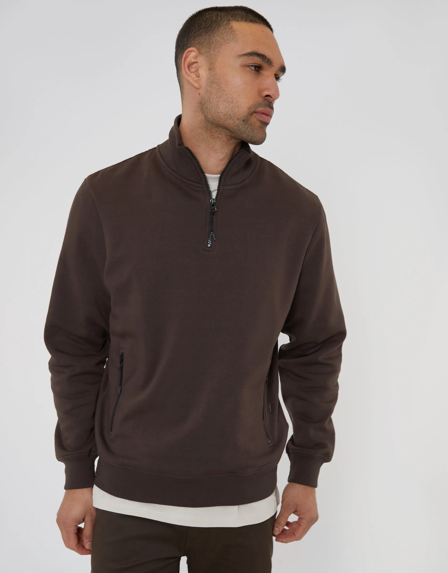 Threadbare Men's Chocolate Brown Quarter Zip Sweatshirt sold by Threadbare