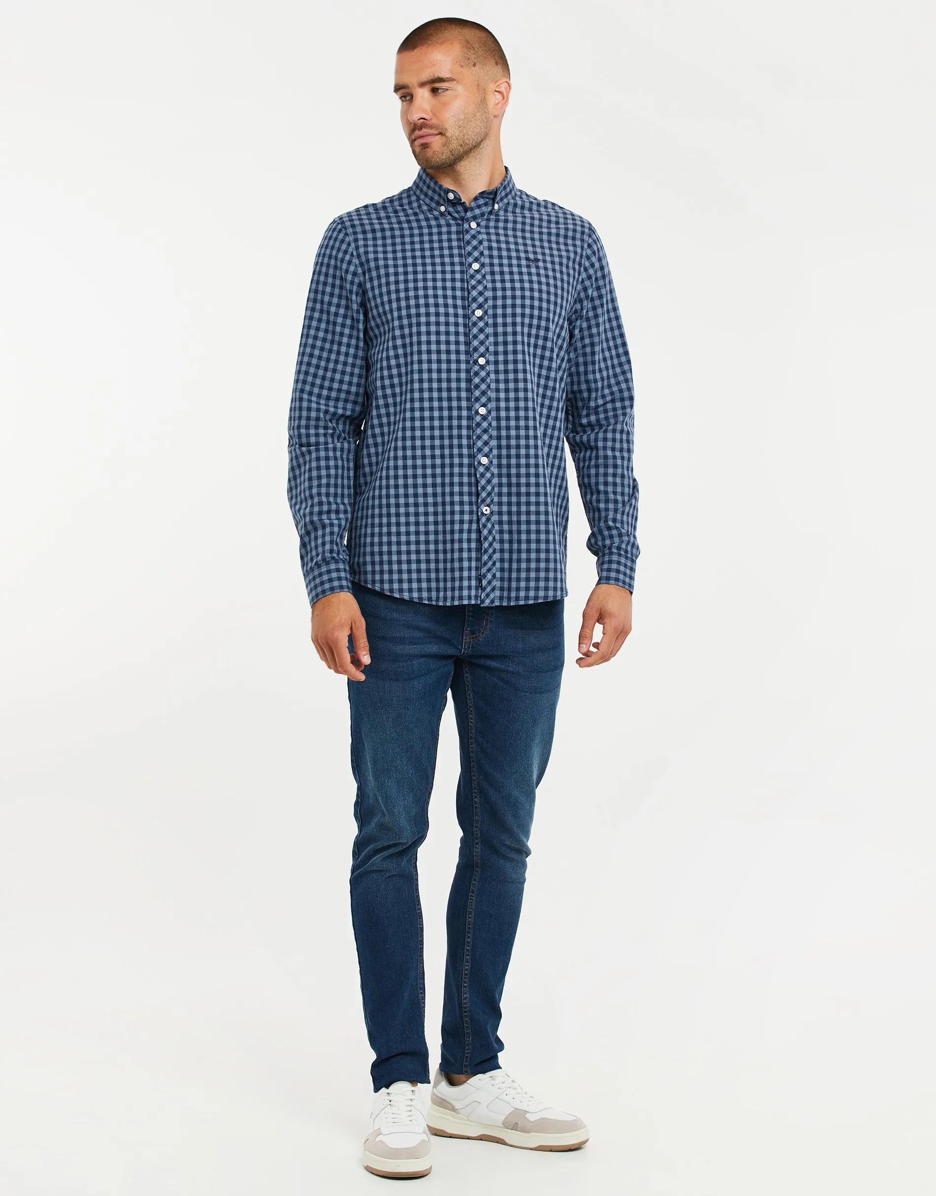 Men's Denim Blue Gingham Check Long Sleeve Shirt sold by Threadbare product image thumbnail 4