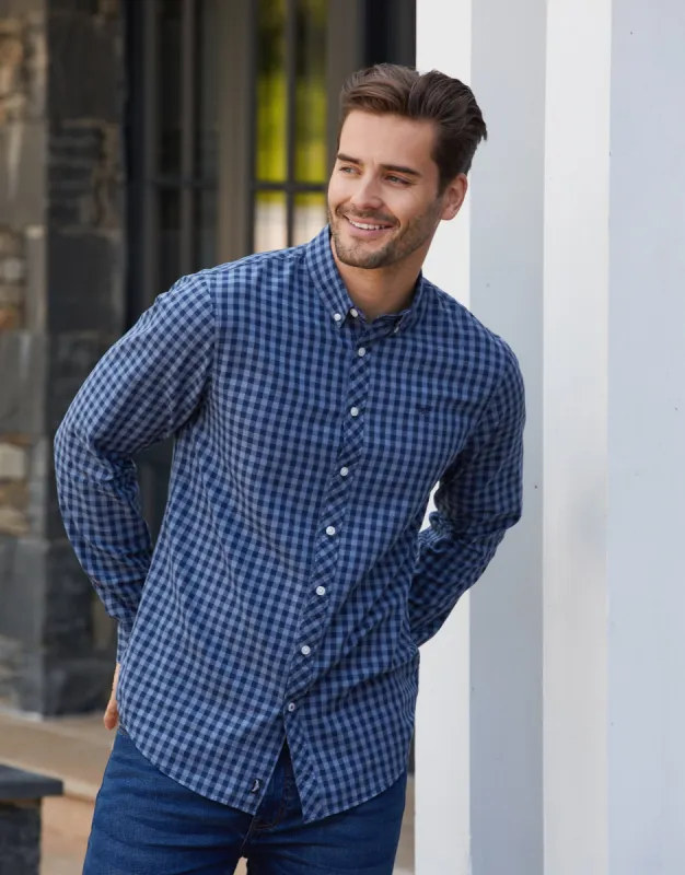 Men's Denim Blue Gingham Check Long Sleeve Shirt sold by Threadbare