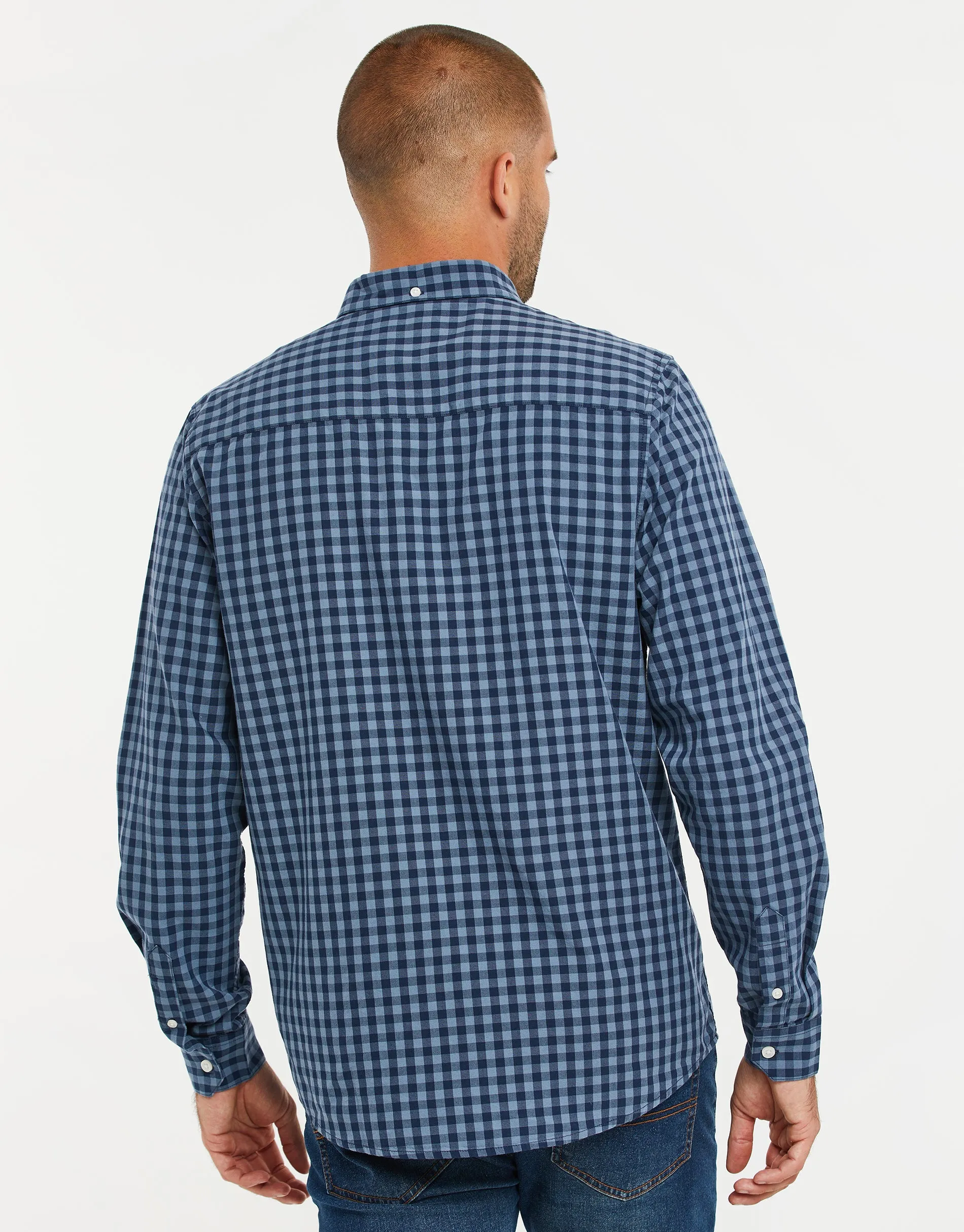 Men's Denim Blue Gingham Check Long Sleeve Shirt sold by Threadbare product image thumbnail 3