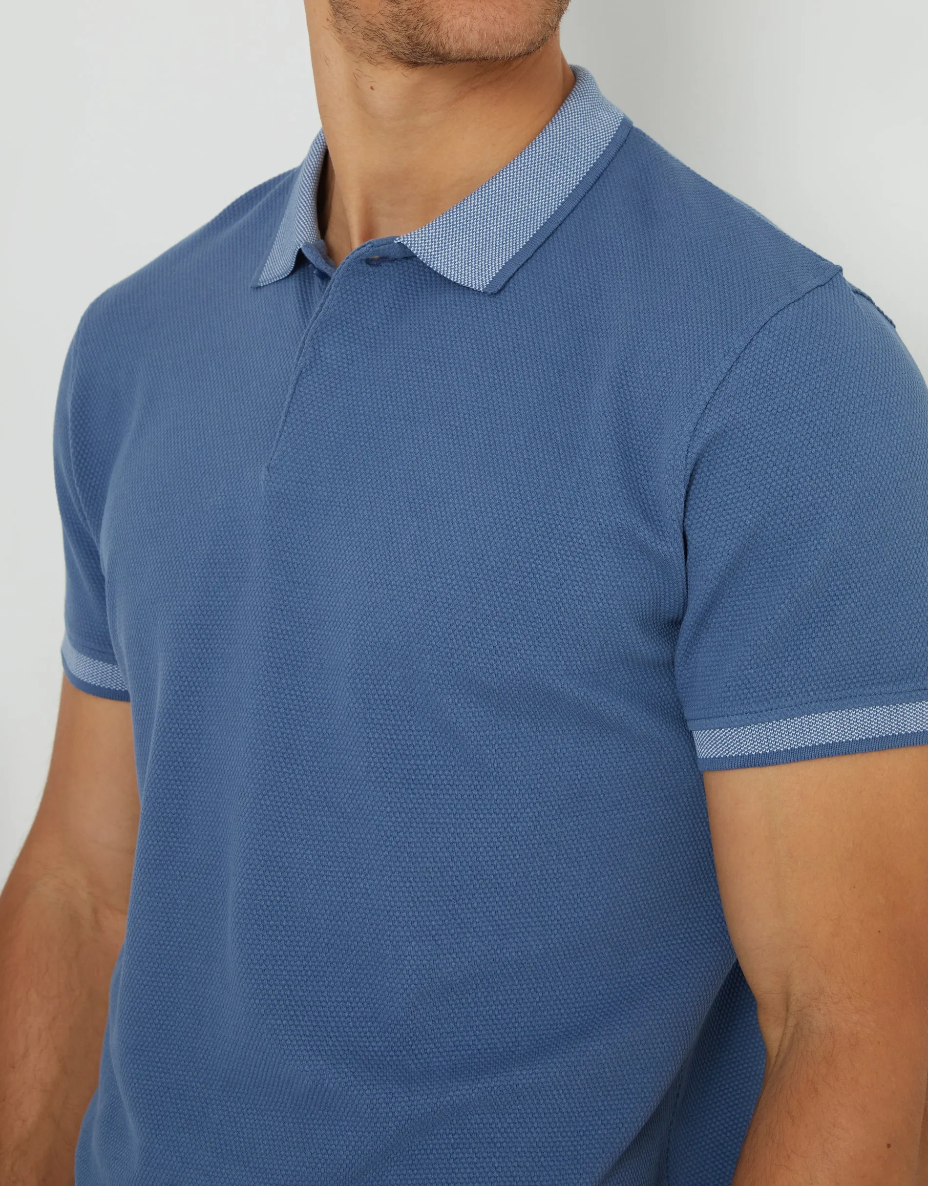 Men's Denim Blue Popcorn Jersey Polo Shirt sold by Threadbare product image thumbnail 4