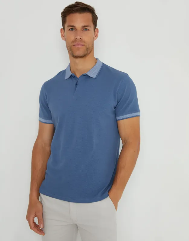Men's Denim Blue Popcorn Jersey Polo Shirt sold by Threadbare