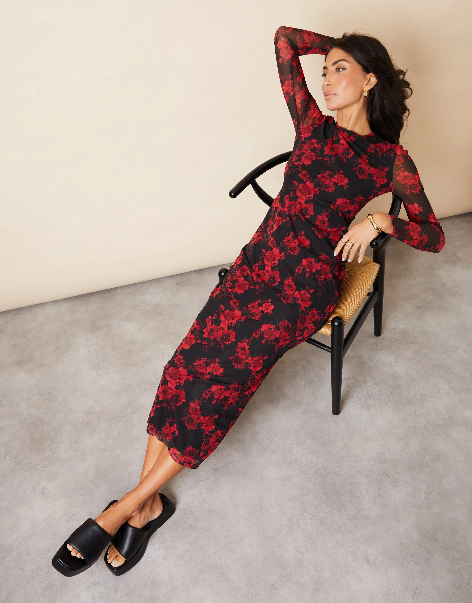 Women's Black & Red Floral Print Long Sleeve Mesh Midi Dress sold by Threadbare product image thumbnail 3